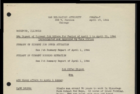 WRA digest of current job offers for period of April 1 to April 15, 1944, Rockford, Illinois (ddr-csujad-55-835)