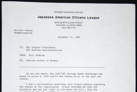 Memo to MDC Chapter Presidents and Redress Representatives from Bill Yoshino (ddr-chijacl-1-239)