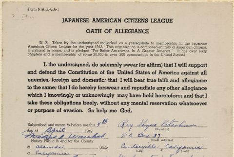 JACL Oath of Allegiance for Roy Shizuo Kitashima (ddr-ajah-7-79)