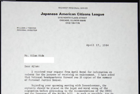 Letter to Allan Hida from Bill Yoshino (ddr-chijacl-1-718)
