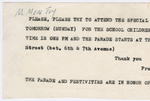 Note inviting Mary Mon Toy to a Chinese New Year parade (ddr-densho-367-200)