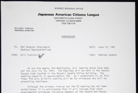 Memo to MDC Chapter Presidents, Redress Representatives from Bill Yoshino (ddr-chijacl-1-286)