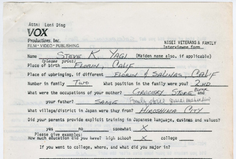 Steve K. Yagi interviewee form (ddr-densho-1007-955)