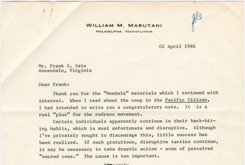 Letter from William M. Marutani to Frank Sato (ddr-densho-345-72)