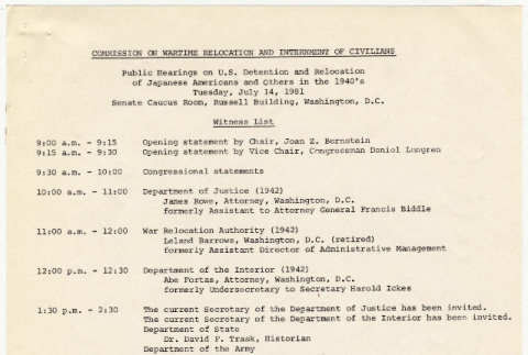 Commission on Wartime Relection and Internment of Civilians Witness List (ddr-densho-352-17)