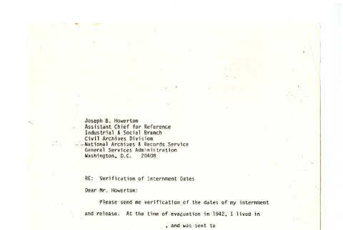 Letter to Joseph B. Howerton, Assistant Chief for Reference, Industrial and Social Branch, Civil Archives Division, National Archives and Records Service, General Services Administration (ddr-csujad-42-143)