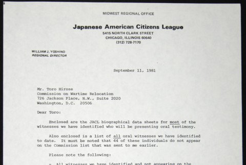Letter to Toro Hirose from William Yoshino (ddr-chijacl-1-511)