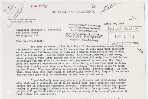 Letter from University of California Berkeley Vice President Monroe E. Deutsch to President Roosevelt and response from Edward J. Ennis (ddr-densho-1007-1036)