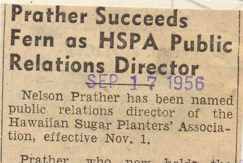 Short article regarding Nelson Prather and Hawaiian Sugar Planters' Association (ddr-njpa-2-882)