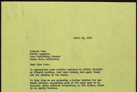 Letter from Takahashis to Annabel Post, Sunset Magazine (ddr-densho-424-323)