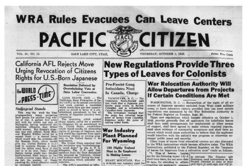 The Pacific Citizen, Vol. 15 No. 18 (October 1, 1942) (ddr-pc-14-17)