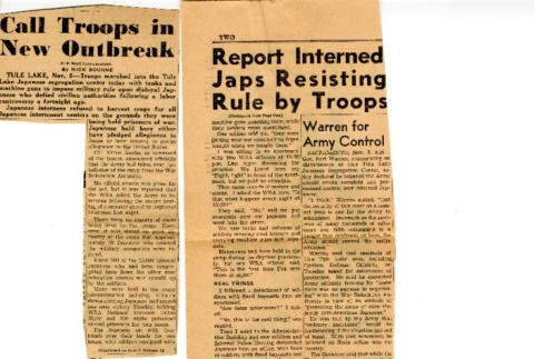 [Call troops in new outbreak], newspaper article on Tule Lake protests, November 5, 1943 (ddr-csujad-2-37)