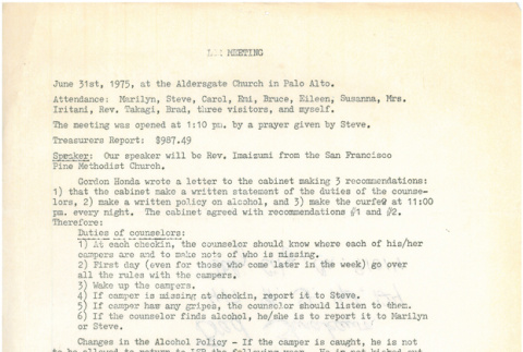 Meeting minutes for planning the 1975 Lake Sequoia Retreat (ddr-densho-336-679)
