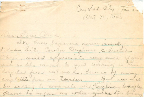 Letter from three Japanese nurses, October 11, 1943 (ddr-csujad-55-1384)