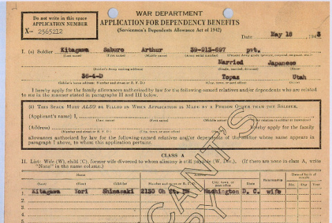 Application for Dependency Benefits for Yoriko Shimasaki Kitagawa (ddr-densho-539-49)