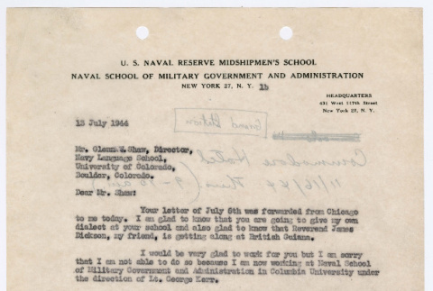 Letter from Ai Chih Tsai to Glenn W. Shaw, Navy Language School (ddr-densho-446-140)