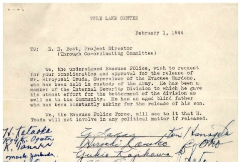 Letter from Evacuee Police to Raymond Best, Director of Tule Lake Camp, February 1, 1944 (ddr-csujad-2-13)