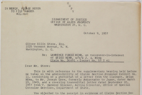 Letter from William Levy, hearing examiner for Office of Alien Property, to Oliver Ellis Stone (ddr-densho-437-102)