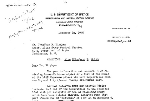 List of incarcerees to be repatriated from Crystal City with letter from N.D. Collaer to Jonathan Bingham, Chief of Alien Enemy Control (ddr-densho-564-2)