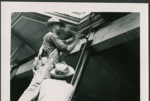 Man on ladder hammering (ddr-densho-426-2265)