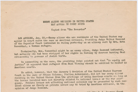 Enemy Aliens residing in the United State may appear in Court suits (ddr-densho-491-1)