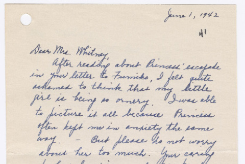[ Letter to Mrs. Whitney from Louise Fukuda, June 1, 1942 ] (ddr-janm-22-7)