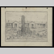 Pencil drawing of Poston barracks and cactus (ddr-csujad-55-1893)