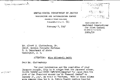 Letter from N.D. Collaer, Assistant Commissioner for Alien Control to Albert Clattenburg, Special Project Division, Department of State (ddr-densho-564-11)