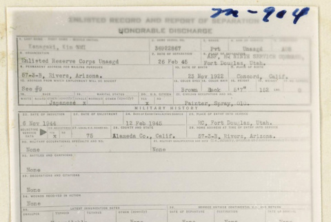 Enlisted record and report of honorable discharge for Kin Kanagaki (ddr-densho-37-1816)