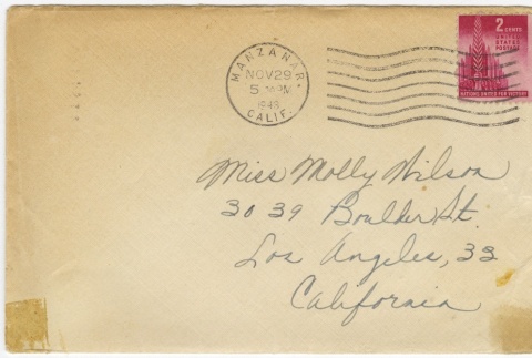 Letter (with envelope) to Molly Wilson from Chiyeko Akahoshi (November 27, 1943) (ddr-janm-1-108)