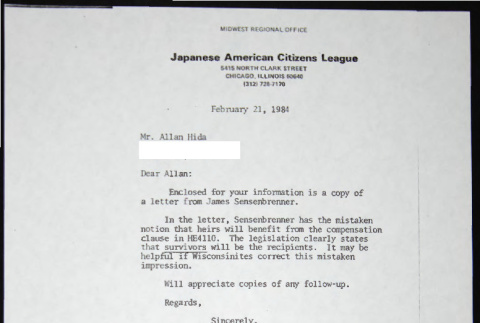 Letter to Allan Hida from Bill Yoshino (ddr-chijacl-1-722)