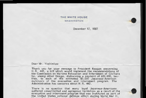 Letter from Anne Higgins, Special Assistant to the President and Director of Correspondence, to Tim Yoshimiya, December 17, 1987 (ddr-csujad-55-200)