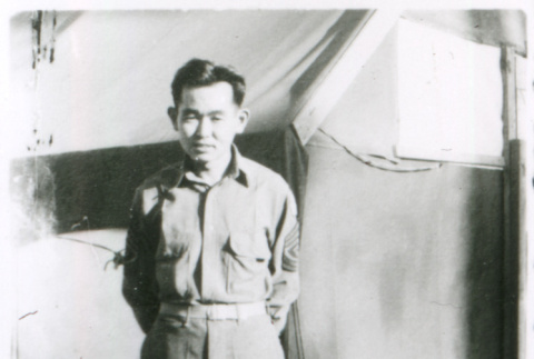 Soldier outside tent (ddr-densho-1007-849)