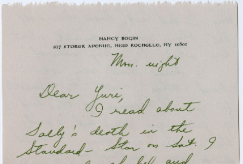 Condolence card from Nancy Bogin to Yuri (Domoto)Tsukada (ddr-densho-329-1261)