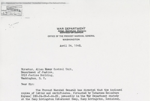 Army Service Forces letter from B. M. Bryan, Brigadier General, Director, Aliens Division with date and filing stamps (ddr-one-5-205)