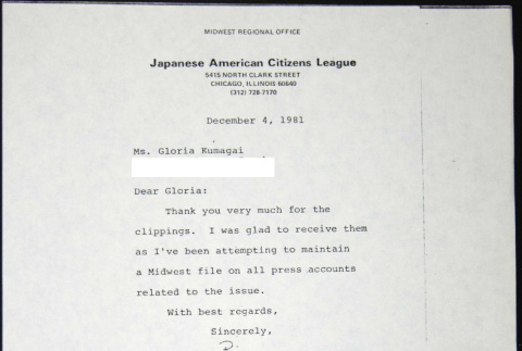 Letter to Gloria Kumagai from Bill Yoshino (ddr-chijacl-1-515)