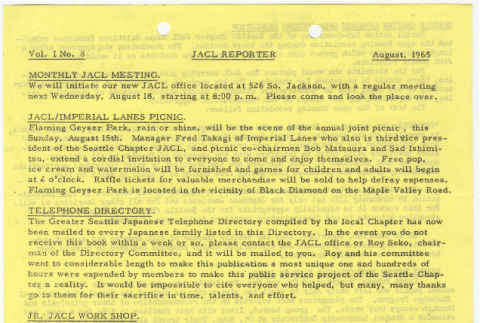 Seattle Chapter, JACL Reporter, Vol. I, No. 8, August 1965 (ddr-sjacl-1-75)