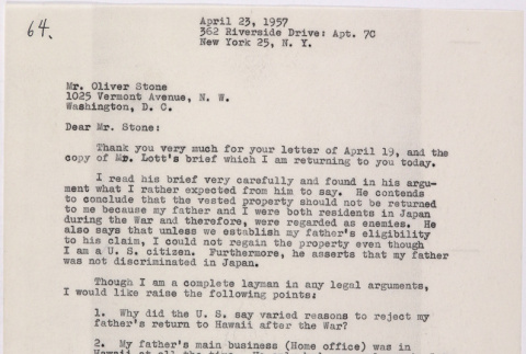 Letter from Lawrence Miwa to Oliver Ellis Stone concerning claim for James Seigo Maw's confiscated property (ddr-densho-437-247)