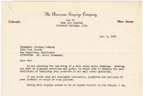 Letter from American Emprize Company to Takahashi Imports, and response from Takahashis (ddr-densho-424-74)