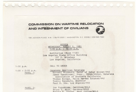 Agenda for the Commission on Wartime Relocation and Internment of Civilians (ddr-densho-346-220)