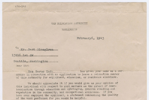 Letter from War Relocation Authority to Bert Blomgren (ddr-densho-540-25)