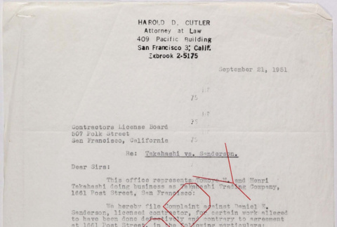 Copy of letter from Harold Cutler to Contractors License Board (ddr-densho-424-660)