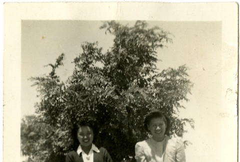Two women and three girls in front of a tree (ddr-manz-6-57)