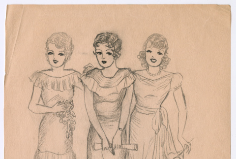 Fashion sketch of three women in dresses (ddr-densho-483-122)