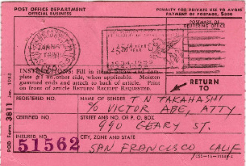 Receipt for registered letter to Katsuhiko Hagiwara (ddr-densho-424-888)