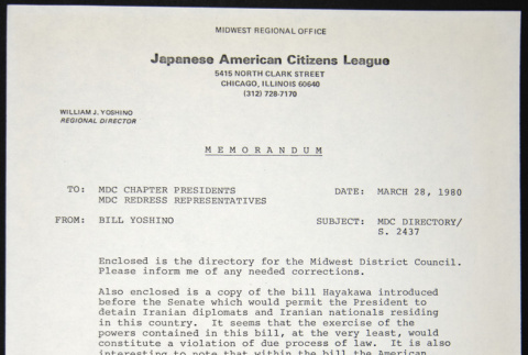 Memo to MDC Chapter Presidents from Bill Yoshino (ddr-chijacl-1-217)