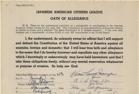 JACL Oath of Allegiance for Kaoru Larry Inouye (ddr-ajah-7-67)