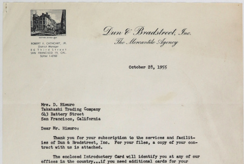 Letter from R.F. Cathcart, Dun & Bradstreet, to Mrs. D. Himuro, Takahashi Trading Company (ddr-densho-424-765)