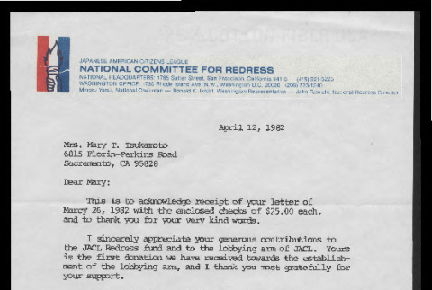 Letter from John Tateishi, Redress Director, National Committee for Redress, to Mrs. Mary T. Tsukamoto, April 12, 1982 (ddr-csujad-55-100)