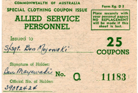 Clothing coupons for Allied Service Personnel for Ben Mayewaki (ddr-densho-563-16)